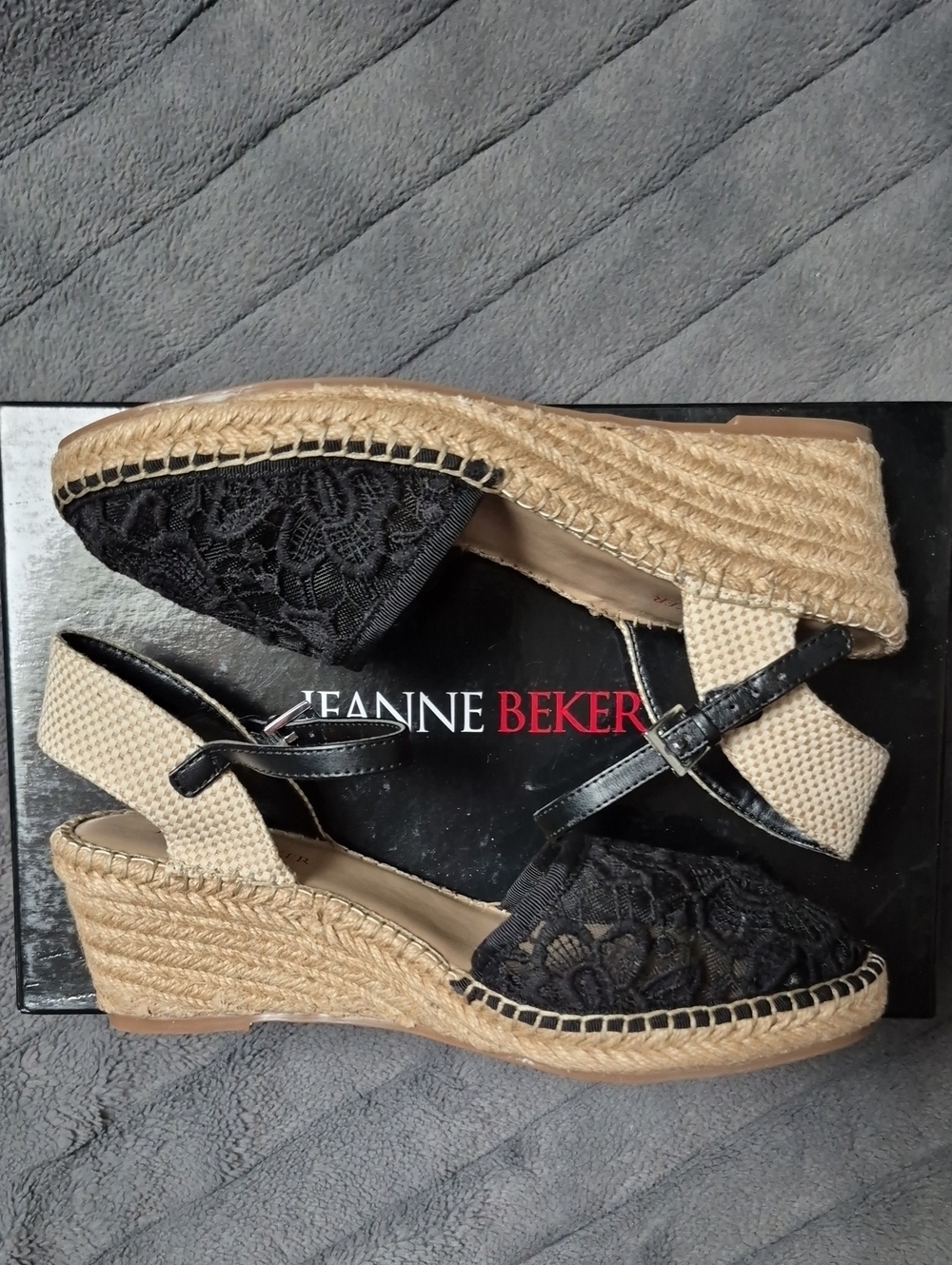 Jeanne Beker Black Lace Espadrille Wedges Size 8, New In Box